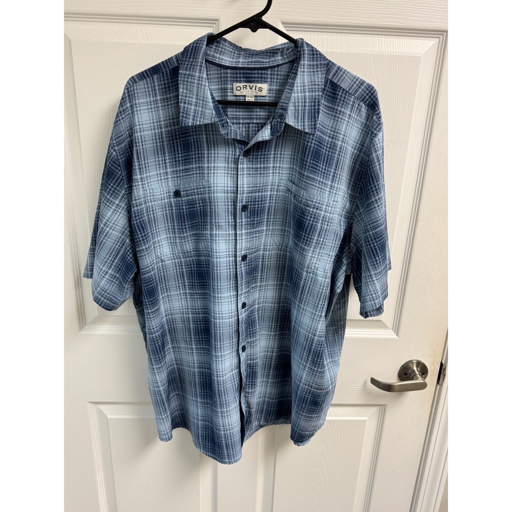 Orvis Plaid Button Down Shirt Mens XXL Blue Short Sleeve Classic Good Pockets